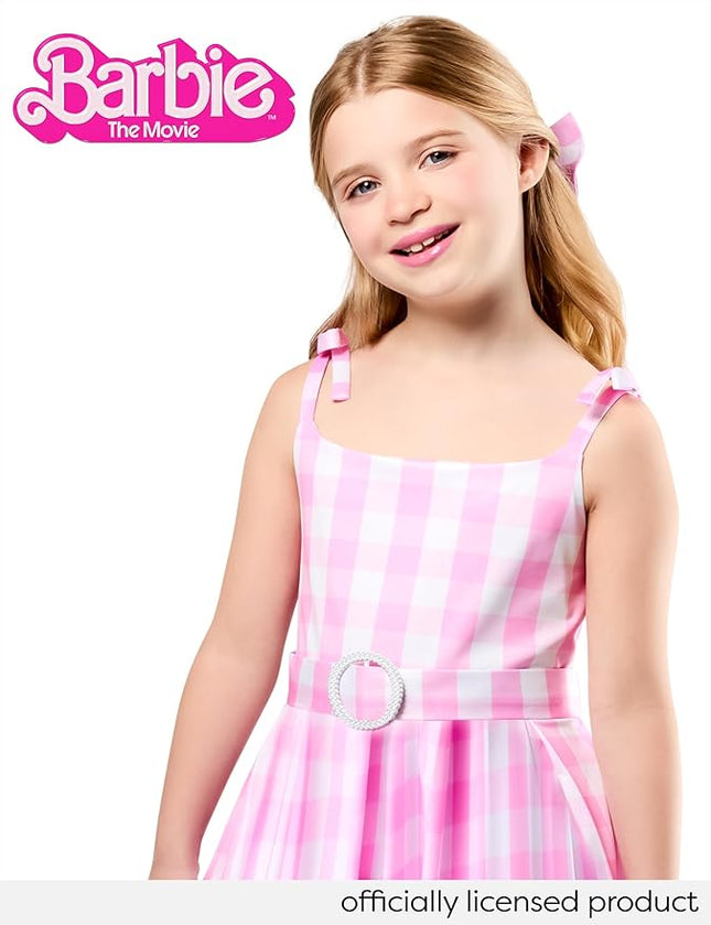 Rubies Barbie Perfect Day Cute Costume Dress in Pink from the Barbie Movie, with Belt and Hair Bow For Kids Girls