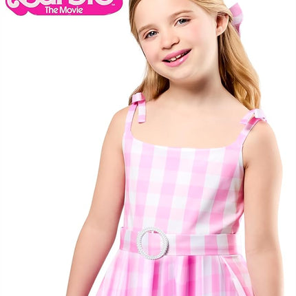 Rubies Barbie Perfect Day Cute Costume Dress in Pink from the Barbie Movie, with Belt and Hair Bow For Kids Girls