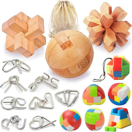 17 Pack Brain Teasers Puzzles for Kids & Adults, Brain Teasers Metal and Wooden IQ Toys Puzzle Mind Game 3D Coil Cast Wire Unlock Interlock Magic Ball Puzzles for Teenagers