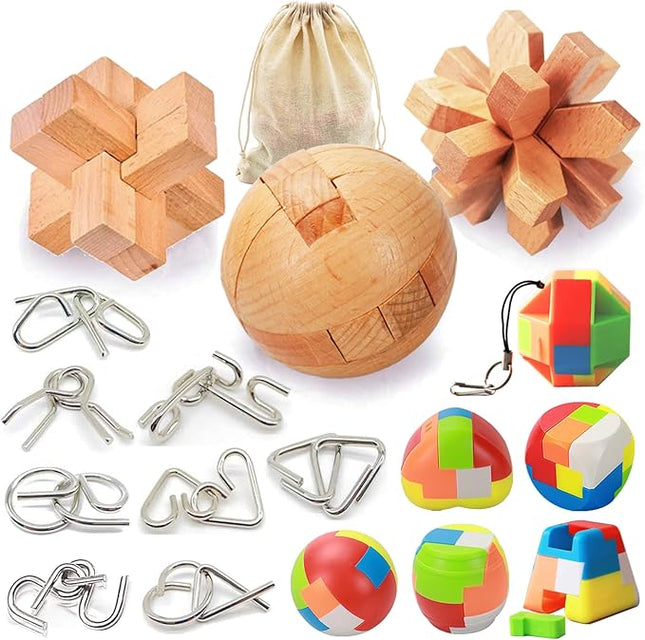 17 Pack Brain Teasers Puzzles for Kids & Adults, Brain Teasers Metal and Wooden IQ Toys Puzzle Mind Game 3D Coil Cast Wire Unlock Interlock Magic Ball Puzzles for Teenagers
