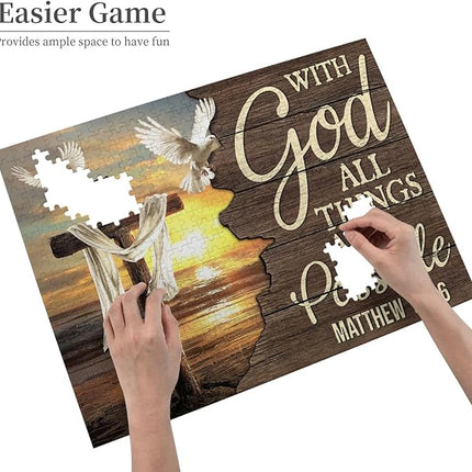 Christian Jigsaw Puzzles 500 Pieces for Adults, Ocean Cross & Matthew 19:26 with God All Things are Possible, Inspirational Beach-Themed Wooden Puzzle, Faith-Based Gift