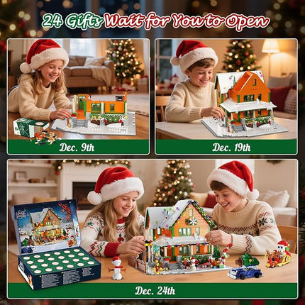 Advent Calendar 2025 Christmas House Mini Building Set with Light, 24 Days Countdown Snow Village Building Block Kit with Santa Claus Sleigh, Holiday Building Toy Gift for Adults Boys Girls 14+