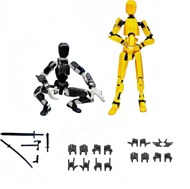 Pre-Assembly 3D Printed 5.54'' Dummy13 Action Figure, Multi-Jointed Tian13, Articulated T13 Desktop Decoration,12 in 1 Accessories, Best Birthday Festival Gift (Black White+Gold Black)