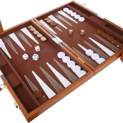 Backgammon Set - Classic Board Game with Premium Leather Case - Portable Travel Strategy Backgammon Game Set for Adults, Kids - Suitable as (15inch, Brown)