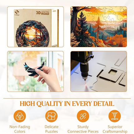Wooden Puzzles for Adults, Wooden Jigsaw Puzzles for Adults Kids, 3D Winding Road Unique Shaped Wood Puzzles Adult, Creative Birthday Gifts for Friends Family Game (13.4 * 13.4in 300pcs)