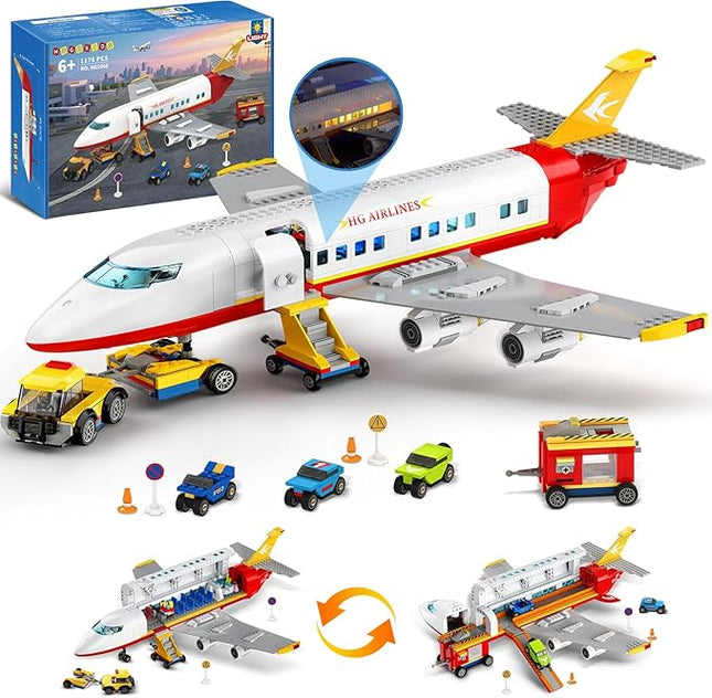 HOGOKIDS 2 Style City Airplane Building Set with LED Light - Large Plane Building Blocks Switch Passenger & Cargo Projectile Toy with 3 Cars, Planes Model Toys Gifts for Adults Boys Girls Age 6-12+