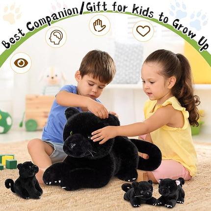 MorisMos Black Plush Panther Stuffed Animal with Babies,18'' Big Mama and Baby Stuffed Panther Toys for Kids Girls Boys, 4 Packs Black Jaguar Animals, Cute Leopard Toys for Kids
