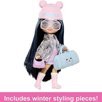 Barbie Extra Fly Minis Travel Doll, Snowy Look with Icy Blue Highlights in Pastel Sweater Dress & Accessories