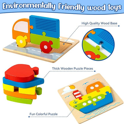 Wooden Vehicle Puzzles Toy Gift for 1, 2, 3 Years Old Boys Girls, Toddler Best Birthday Gift with 6 Vehicle Baby Montessori Color Shapes Learning Puzzles - Kids Educational Developmental Toys