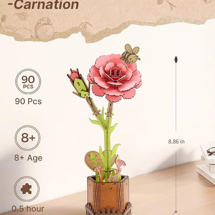 3D Carnation Wooden Puzzles for Adults, DIY Carnation Wooden Flower Craft Kit, Mother's Day Valentine's Day, Home Decor Gift for Women/Men .(3.81 * 3.19 * 8.86in 90PCS)