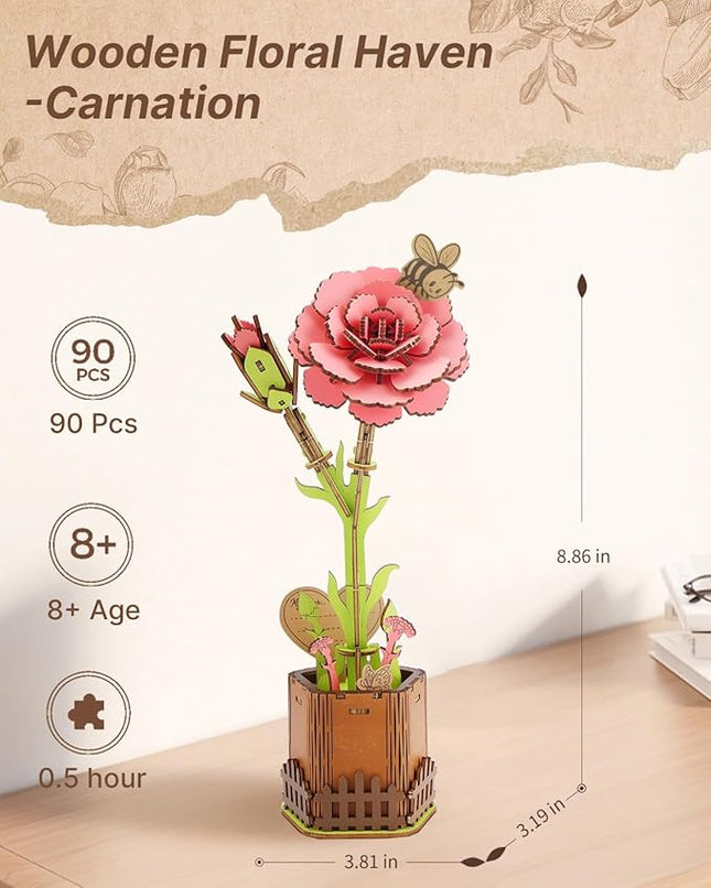 KAAYEE 3D Puzzles for Adults Flower-Carnation, Wooden Flowers Model Kit Set DIY Crafts to Build, Mother's Day/Botanical Collection/Ideal Creative Gift Ideas/Housewarming