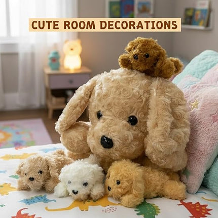 Chirpy Chums Classic Dog Family – Mommy Labradoodle with 4 Puppies – 17” Ultra-Soft Plush Stuffed Animal Toy – Zipper Belly Surprise for Cuddles, Play & Gifts – 5-Piece Puppy Set for Kids Ages 3+