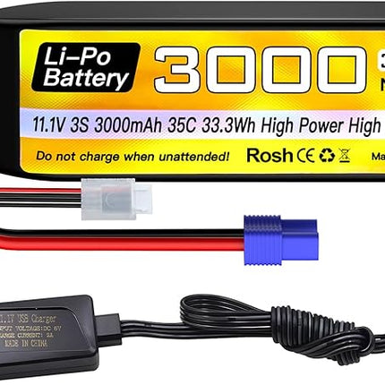 sea jump 3S Lipo Battery 11.1V 3000mAh 35C with EC3 Plug and USB Charging Cable Suitable for RC Car, Truck, Remote Control Boat, RC Quadcopter Aircraft, FPV Drone Battery