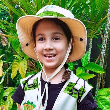 Safari Kidz Outdoor Explorer Kit - Green Camouflage Cargo Vest and Hat Set, Backyard Nature Adventures, Washable Costume, Age 3+