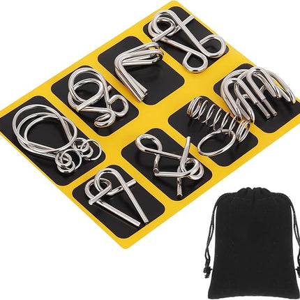 Yilloog Metal Wire Puzzle Set of 8 with Pouch, Brain Teaser Puzzles IQ Test Ring Disentanglement Unlock Interlock Game Trick Metal for Party Favor Challenge(A Style)