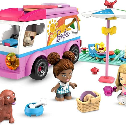 MEGA Construx Barbie Kids Building Toy Set, Adventure DreamCamper with 123 Pieces, 2 Micro-Dolls, Furniture and Accessories, Pink, Ages 5+ Years