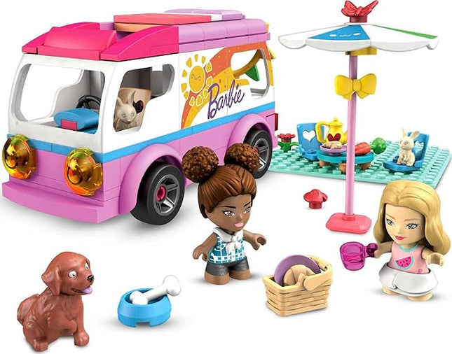 MEGA Construx Barbie Kids Building Toy Set, Adventure DreamCamper with 123 Pieces, 2 Micro-Dolls, Furniture and Accessories, Pink, Ages 5+ Years