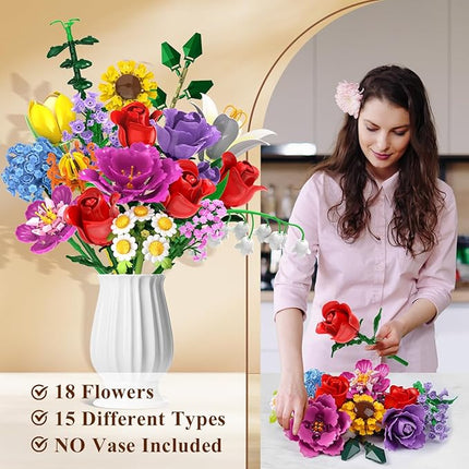 Flower Bouquet Building Set, 18 Flowers Rose Building Block, 1065 PCS Botanical Collection Building Block Toy Plant Home Decor, Gift for Her Adults Women Kids Boys Girls 12+