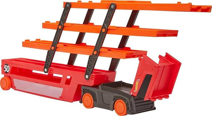 Hot Wheels Toy Car Track Set, Mega Hauler with 6 Expandable Levels, Storage for Up to 50 1:64 Scale Vehicles, Connects to Other Sets & Tracks