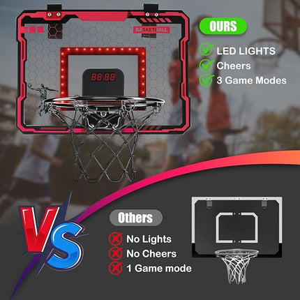 Indoor Basketball Hoop for Kids with Red Led Lights Mini Basketball Hoop with Scoreboard Over The Door Basketball Hoops Birthday Gifts for Kid Basketball Toys for 4-12 Year Old Boys Girls