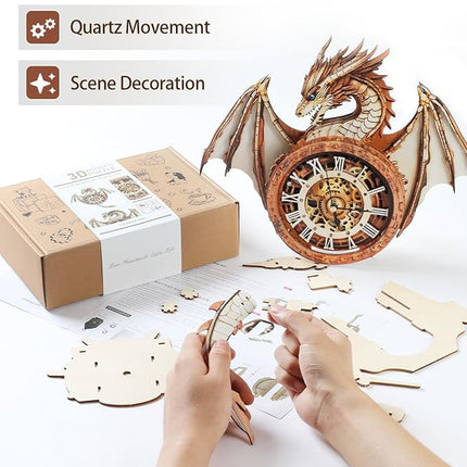 Rnfinewow 3D Wooden Puzzles for Adults, 3D Puzzle Dragon Clock Kit (with Pendulum), 3D Puzzles for Adults Home Decor Clock Crafts for Adult Christmas Day Puzzle Gifts for Men Women