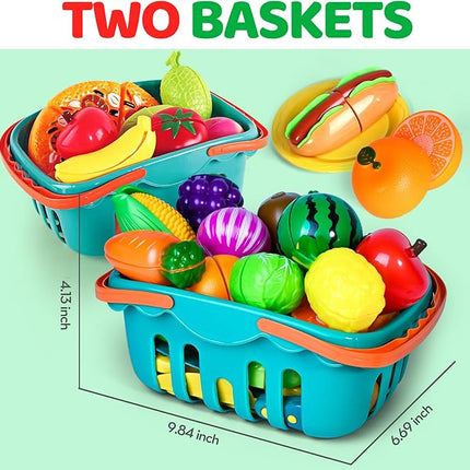 100 PCS Cutting Play Food Toy for Kids Kitchen, Pretend Food Toys for Toddlers, Play Kitchen Toys Accessories with 2 Baskets, Fake Food/Fruit/Vegetable, Birthday Gifts for 3 4 5 Years Old Boys Girls