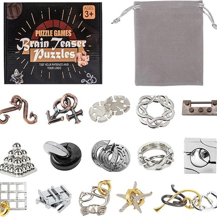 VolksRose 15pcs Brain Teaser Puzzles, Metal Wire Puzzles Set, Mind Smart Game IQ Challenge Puzzle Games, Educational IQ Test Unlock Interlocking Toy Lock Puzzles Gift for Adults Teenagers
