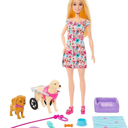 Barbie Doll with 2 Toy Dogs & Pet Accessories, 1 Pup in a Removable Wheelchair with Rolling Wheels, 10+ Piece Set