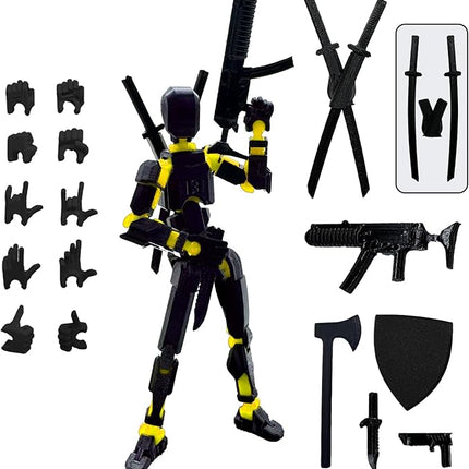 (Assembly Completed) 3D Printed Figure 5.54-inch Dummy13 with Weapon Expansion Set and Bracket, Full Body Mechanical Movable Toy, Desk Decoration. (Black+Yellow)