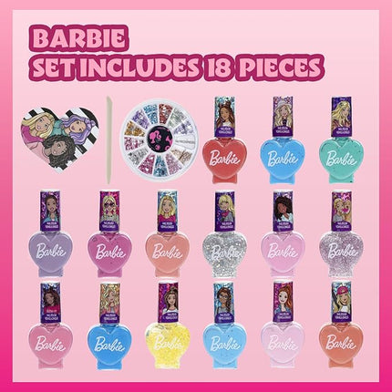 Townley Girl Barbie Movie 18 Piece Set Kids Water-Based Nail Polish Set, Includes Nail Polish, Nail Gems, Nail File for Age 3+, Parties Birthday