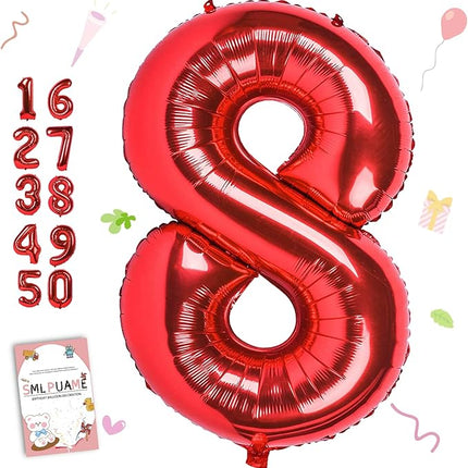 Smlpuame 40 inch Number Balloon 0-9 Red Large Number 8 Balloons,Digital Balloons for Birthday Party Celebration Decorations Supplies, Helium Foil Number Balloons for Wedding Anniversary