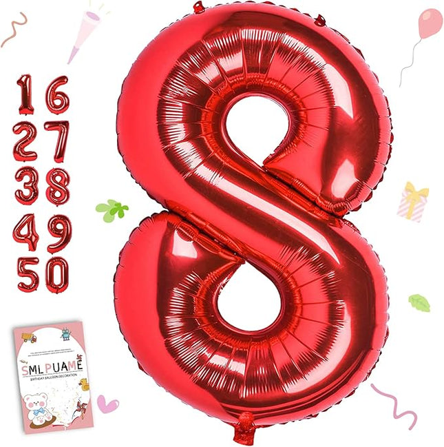 Smlpuame 40 inch Number Balloon 0-9 Red Large Number 8 Balloons,Digital Balloons for Birthday Party Celebration Decorations Supplies, Helium Foil Number Balloons for Wedding Anniversary