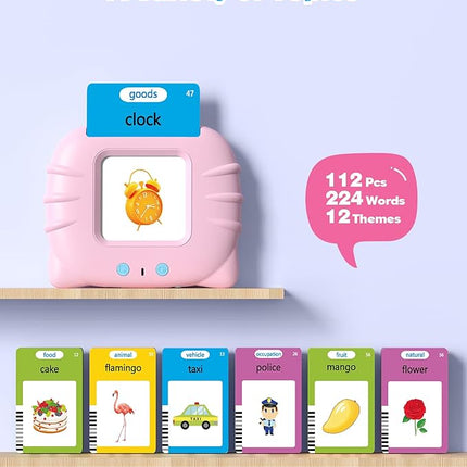 Talking Flash Cards for Toddlers 1 2 3 4 Year Olds, Montessori Language Learning with 224 Words, Pocket Speech Therapy and Autism Playthings, Children's Sensory Educational Device, Pink