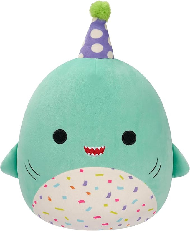 Squishmallows Original 12-Inch Sharon The Teal Shark with Party Hat + Confetti Belly - Official Jazwares “Happy Birthday” Plush (Medium-Sized)