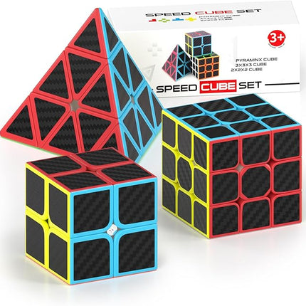 Vdealen Speed Cube Set, 2x2x2 3x3x3 Pyramid Magic Cube Set, Puzzle Cube Toys Birthday Party Christmas Stocking Stuffers Gift for Kids Teens Adults(Carbon Fiber Sticker)