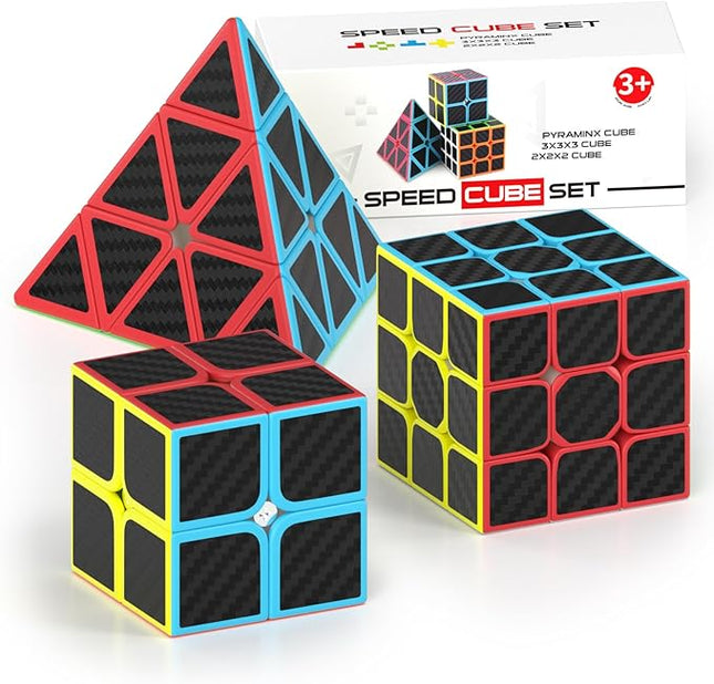 Vdealen Speed Cube Set, 2x2x2 3x3x3 Pyramid Magic Cube Set, Puzzle Cube Toys Birthday Party Christmas Stocking Stuffers Gift for Kids Teens Adults(Carbon Fiber Sticker)