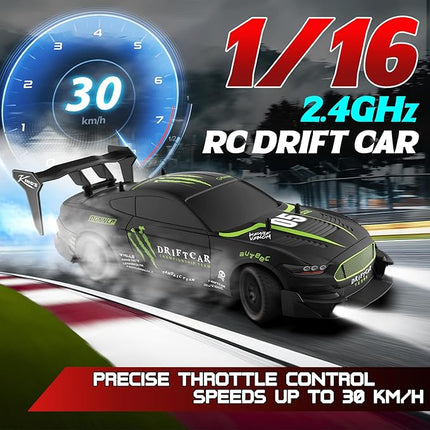Remote Control RC Drift Car 1:16 Scale 4WD RC Car with LED Lights 2.4GHz 30km/h RTR High Speed Racing Sport Toy for Adults Boys Girls Kids Gift 2Pcs Rechargeable Battery (A-Black)