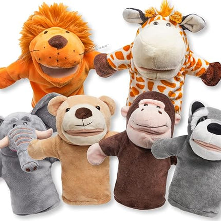 JOYIN 6Pcs Kids Hand Puppet Set with Working Mouth, Toddler Animal Plush Toy Includes Elephant, Giraffe, Lion, Bear, Raccoon and Monkey for Show Theater, Christmas Birthday Gifts for Kid Age 3+