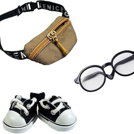3pcs Doll Accessories Set Included Mini Glasses, Shoulder Bag and Canvas Shoes, Dress Up Accessories Replacement for 17cm Doll, Mini Costume Supplies for 6.7in Figures (Set of Brown)