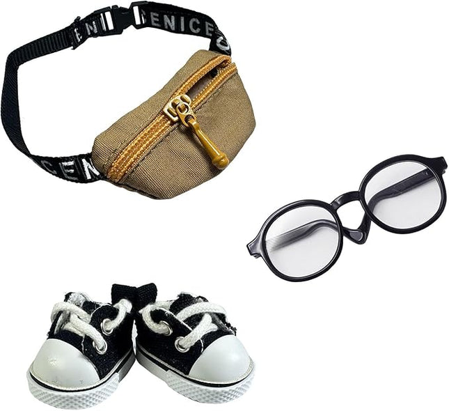 3pcs Doll Accessories Set Included Mini Glasses, Shoulder Bag and Canvas Shoes, Dress Up Accessories Replacement for 17cm Doll, Mini Costume Supplies for 6.7in Figures (Set of Brown)