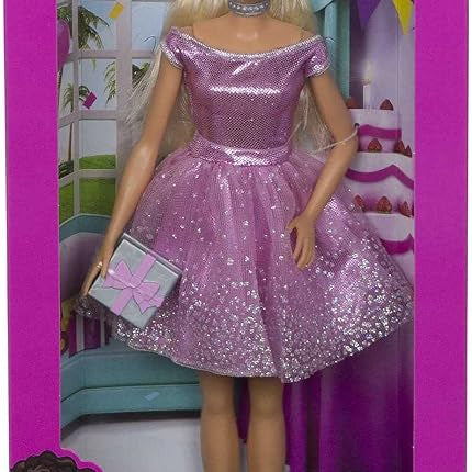 Barbie Happy Birthday Doll with Blonde Hair and Blue Eyes, Pink Glitter Party Dress, and Silvery Accessories