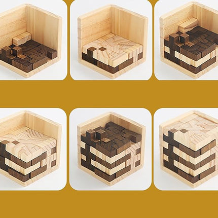 Wooden Brain Teaser Puzzle Cube Easter Basket Stuffers Wooden Puzzles T-Shaped Jigsaw Logic Puzzle Educational Toy for Kids and Adults by AHYUAN (Brown and Natural)