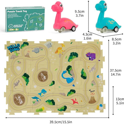 Puzzle Racer Kids Car Track Set with 2 Dino Cars, Kids Toys for 3-5 Year Old Boys, Montessori Toys for 3+ Year Old