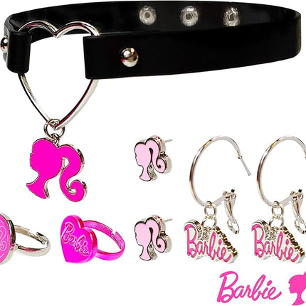 LUV HER Barbie themed 2-Piece Adjustable Ring Set, a pair of stud and hoop earrings, and a choker for Girls - Barbie Themed Charms, Universally Fitting & Stylish Gifts - Ages 4+