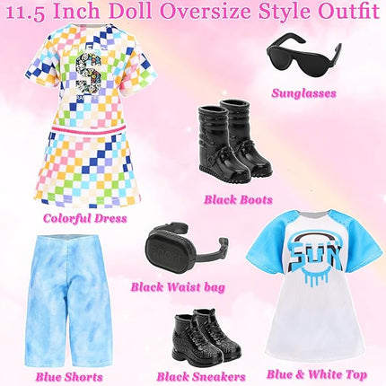 24 PCS Doll Clothes & Accessories 8 Set Clothing Includes Sport Outfit, Hooded Dress, Sportsuits, Skirt, with 8 Pairs of Shoes, 8 Accessories for 11.5 Inch Girl Dolls Cool Style Set