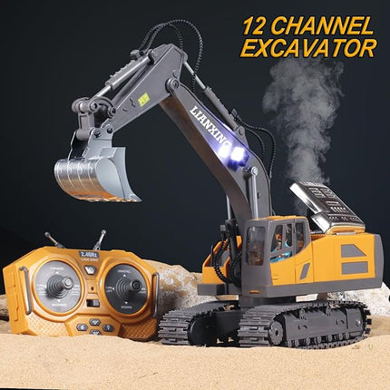 1:20 Scale RC Excavator Toy for Kids - 2.4GHz Remote Control Construction Vehicle with 680° Rotating Arm, Spray Mist, LED Lights & Realistic Sound, for 6 7 8 9 10-12children
