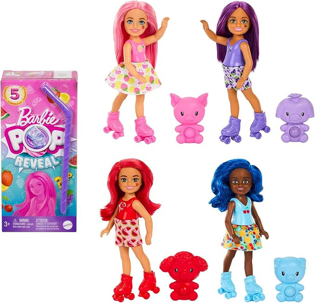 Barbie Pop Reveal Chelsea Small Doll, Fruit Series with 5 Surprises Including Pop-It Pet & Accessories, Features Scent & Color Change (Styles May Vary)