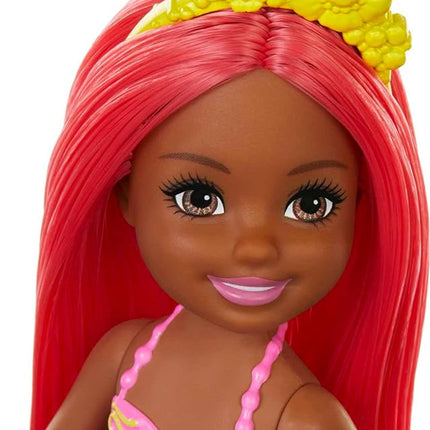 Barbie Dreamtopia Chelsea Mermaid Doll with Coral-Colored Hair & Tail, Royal Headband Accessory, Small Doll Bends at Waist