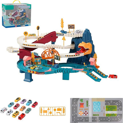 Toy Car Ramp Track, Climbing Hills Railcar Colorful Vehicles Construction Play Set with 12 Mini Racer Cars for Kids 3+(Dinosaur)