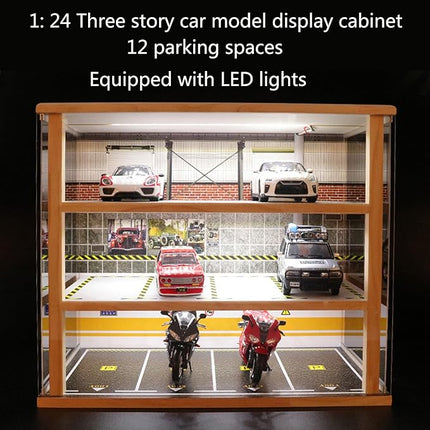 1:24 Scale diecast Car Model Display Case 3 Tiers,with LED Light and Acrylic Dust Cover Toys Car Model Display Stand,Hot Diecast Wheels Wood Storage Cabinet Display Stand